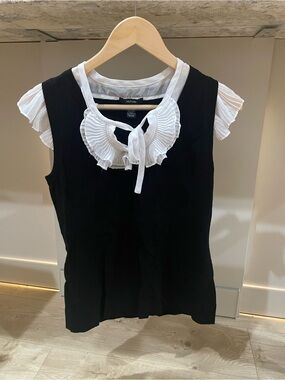 Alfani - Black Knit Sleeveless Blouse - White Sheer Ruffle Detail - Small